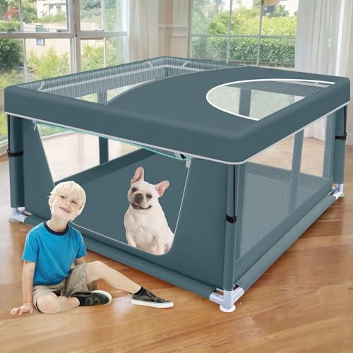 XVISHX 42x42 Inch Puppy Playpen with Cover, Dog Playpen for Puppies or Small Dogs, Pet Playpen for Indoor & Outdoor, Sturdy DogPen with Thickened Fabric, High-Strength Nylon Wire Mesh, Bluish Green by XVISHX