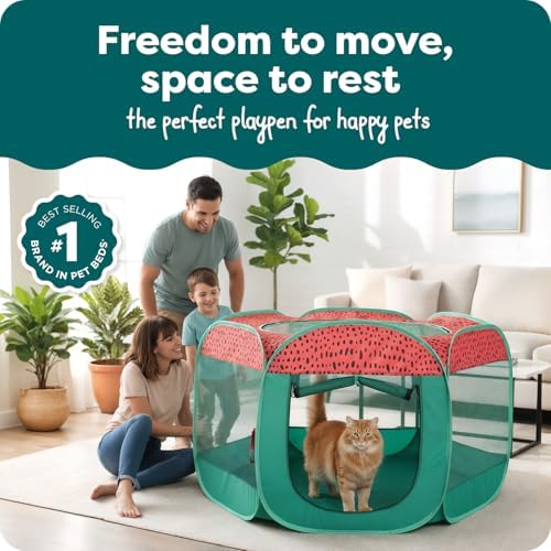 FurHaven Soft-Sided Dog & Cat Playpen, Portable Foldable Indoor & Outdoor Pet Playpen with Mesh Windows & Zippered Door, Green & Pink, Extra Large - Image 2