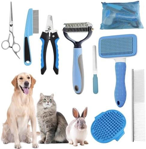 Dog Brush for Shedding,9 PCS in One Pet Slicker Hair Brush Kit with Pet Nail Clipper and File - Dog Cat Grooming Deshedding Undercoat Rake Brush Comb for All Small Large Dogs Cats Blue by KUEIOX