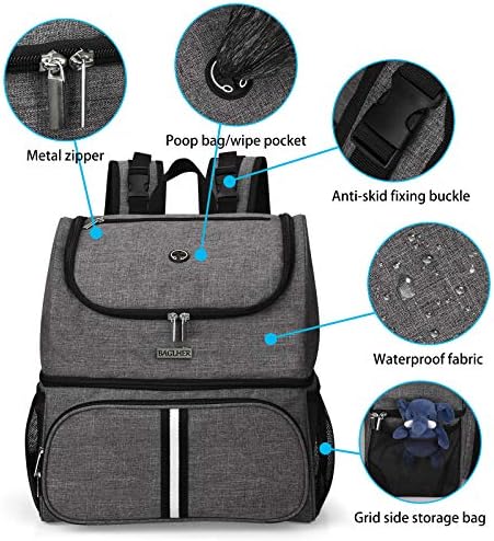 BAGLHER Pet Travel Bag, Double-Layer Pet Supplies Backpack (for All Pet Travel Supplies), Pet Travel Backpack with 2 Silicone Collapsible Bowls and 2 Food Baskets Grey - Image 3