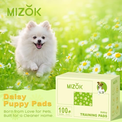 MIZOK Puppy Pads with Adhesive Tabs Green Daisy Prints Small 22x22in 100Ct - Image 2