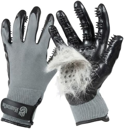 H HANDSON Pet Grooming Gloves - Patented #1 Ranked, Award Winning Shedding, Bathing, & Hair Remover Gloves - Gentle Brush for Cats, Dogs, and Horses (Grey, Large) by HandsOnPatentedOriginalGroomingBathingGloves