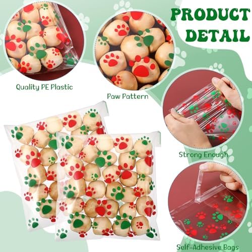Pasimy 300 Pcs Paw Dog Treat Bags Clear Cellophane, Christmas Color - Image 3