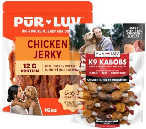 Pur Luv Dog Jerky Treats, 16oz + Chicken and Duck K9 Kabob Treats, 12oz, Healthy, Easily Digestible, Long-Lasting, High Protein Dog Treats, Satisfies Dog's Urge to Chew by PurLuv
