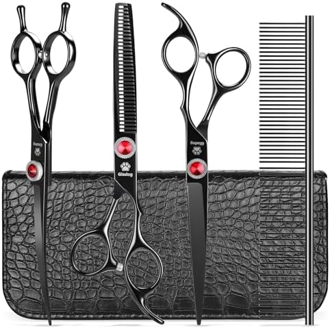 GLADOG 7 Inch Professional Dog Grooming Scissors Kit, 5-in-1 Titanium Coated Pet Grooming Shears Set, Heavy Duty Grooming Scissors for Dogs (Pro Black) by GLADOG
