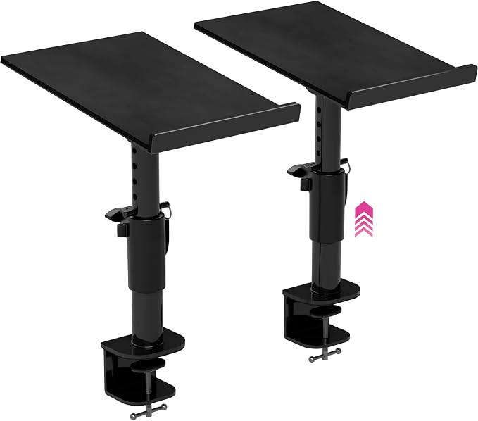 Liquid Stands Studio Monitor Stands - Music Studio Desktop Speaker Stand - 2 Pack 12x9 Clamp-on Adjustable Short or Tall Speaker Support for Music Booth Desk Audio Monitor Stand Mount with Tilt by LiquidStands
