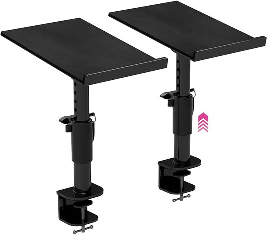 Liquid Stands Studio Monitor Stands - Music Studio Desktop Speaker Stand - 2 Pack 12x9 Clamp-on Adjustable Short or Tall Speaker Support for Music Booth Desk Audio Monitor Stand Mount with Tilt by LiquidStands