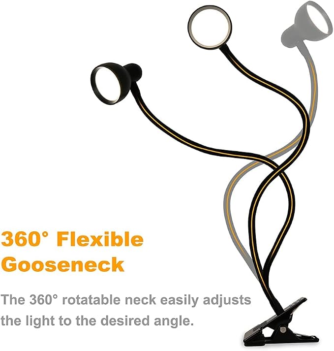 LiFMIRA Clip-on Reading Light - 3 Color Modes, 10 Dimmable Brightness,Black | Eye Care Clamp Desk Lamp with Flexible Gooseneck for Reading in Bed, Desk, Headboard, Computer - Image 8