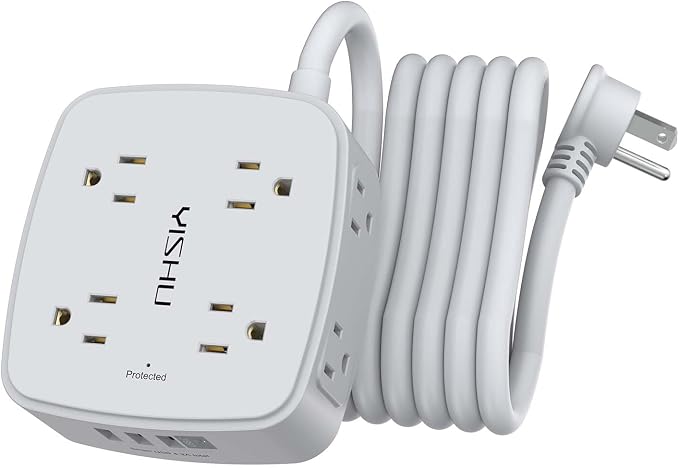 10 Ft Surge Protector Power Strip - 8 Widely Outlets with 4 USB Ports, 3 Side Outlet Extender with 10 Feet Extension Cord, Flat Plug, Wall Mount, Desk USB Charging Station, ETL, Grey by YISHU