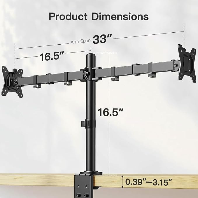 ErGear Dual Monitor Desk Mount for 13″–34″ Monitors up to 26.5 lbs, Fully Adjustable Monitor Stand Holds 2 Computer Screens, Heavy-Duty Dual Monitor Arm with C-Clamp & Grommet Base, Black, EGCM13B - Image 6