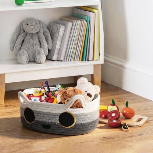 Cat Toy Basket, Small Woven Cat Toy Storage Box with Cute Ear Handle Indoor, Cotton Rope Storage Bin with Embroidered Face for Home Decor, Pet Bed, Nursery Kids Room Organization, 3-tone Gray - Image 7