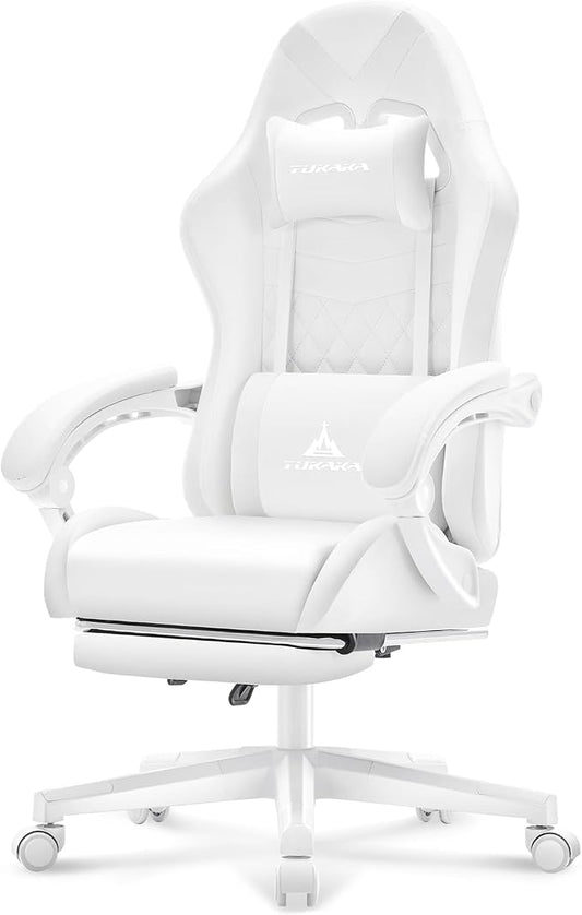 White Gaming Chair,Ergonomic Massage Office Desk Chair with Footrest | Pocket Spring Cushion,Reclining,Thick High Back,Headrest and Lumbar Support,Adjustable Leather Computer Chair Gamer Chair by TUKAKA