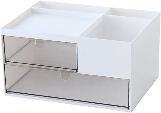 Desk Drawer Organizer, Desk Storage Box with 2 Drawers and 4 Compartments, Multifunctional Desk Accessories & Countertop Organizers for Office School Home (White） by kulusion