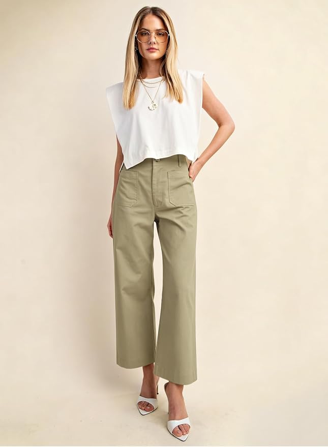 miduo Womens High Waisted Cropped Wide Leg Stretchy Straight Pants Trousers with Pockets - Image 3
