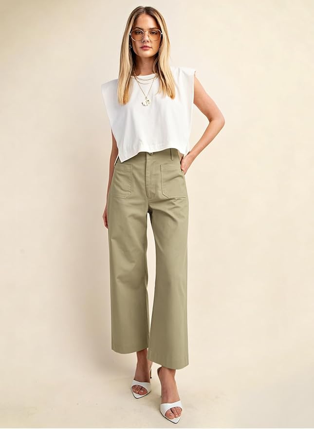 miduo Womens High Waisted Cropped Wide Leg Stretchy Straight Pants Trousers with Pockets - Image 3