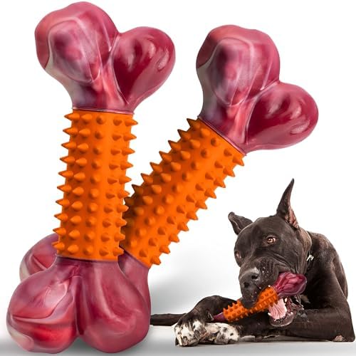 2-Pack Tough Dog Toys for Aggressive Chewers: Peanut Butter Flavored Long Lasting Dog Bones, Heavy Duty Nylon & Rubber Dog Chew Toys to Keep Them Busy, Medium & Large Breed, Orange by Apasiri