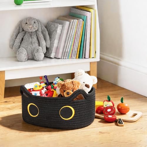 Cute Cat Toy Basket, Small Cotton Rope Toy Bin Box for Cats, Woven Organizer with Embroidered Face, Decorative Storage for Shelf, Desktop, Indoor Pet Bed, Halloween Basket Decor, Black - Image 6