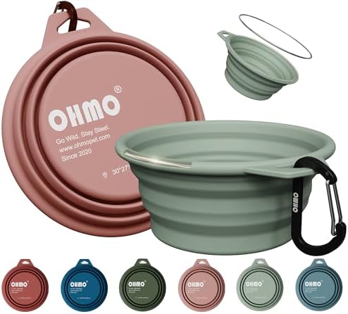 OHMO Small Collapsible Dog Bowls, Steel Rim, 12oz, 2pcs, Coral&Sage Green by OHMO