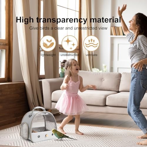 Bird Carrier, Portable Small Bird Parrot Parakeet Carrier with Standing Perch and Mat, Side Access Window Collapsible (Grey, Clear Windows) - Image 5