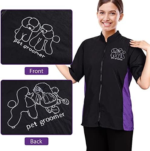 Short Sleeve Pet Grooming Jacket for Groomers, XL Size, Full Zipper - Image 3