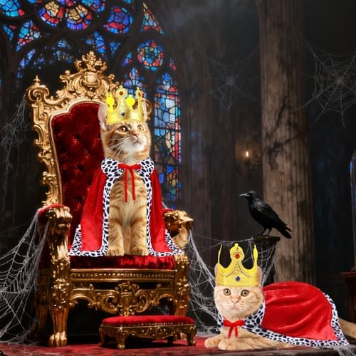 GOYOSWA Cat Halloween Costumes, Pet Cat King Costume King Red Cloak Golden Crown Set Halloween King Prince Costumes for Cats Kitty Small Dogs - Image 2
