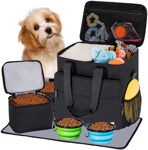 5 Set Dog Travel Bag for Supplies, Dog Lovers, Large Pet Travel Kit Includes 2 Food Containers&2 Collapsible Bowls、Placemats,Black by LASUK