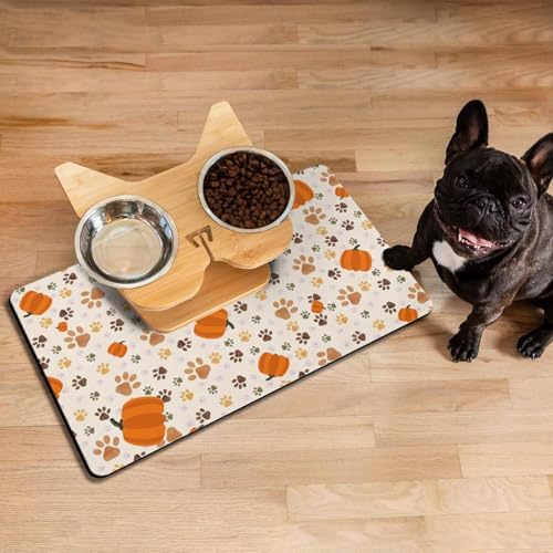 Fall Pumpkin Dog Food & Water Mat, Paw Prints Autumn Pet Feeding Mat for Floor Non-Slip Waterproof, Super Absorbent Cat Bowl Mat, Easy to Clean Eco-Friendly Durable Pet Placemat,12" × 20" - Image 2