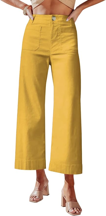 miduo Womens High Waisted Cropped Wide Leg Stretchy Straight Pants Trousers with Pockets by miduo
