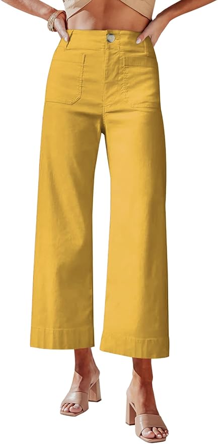 miduo Womens High Waisted Cropped Wide Leg Stretchy Straight Pants Trousers with Pockets by miduo