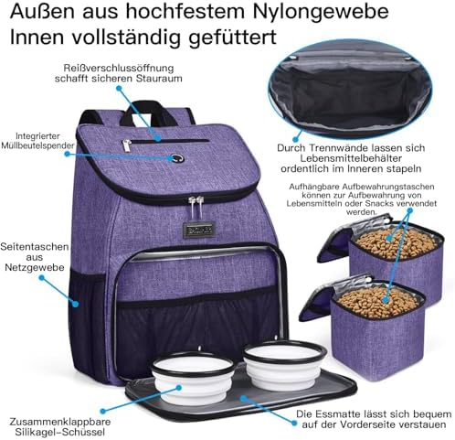 BAGLHER丨Dog Travel Bag, Airline Approved Pet Supplies Backpack, Dog Travel Backpack Accessories Set with 2 Silicone Collapsible Bowls and 2 Food Baskets. Purple - Image 4