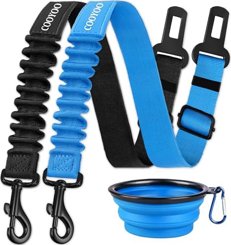 COOYOO Dog Seat Belt,3 Piece Set Retractable Dog Car Harness Adjustable for Vehicle Nylon Pet Safety Heavy Duty & Elastic by COOYOO