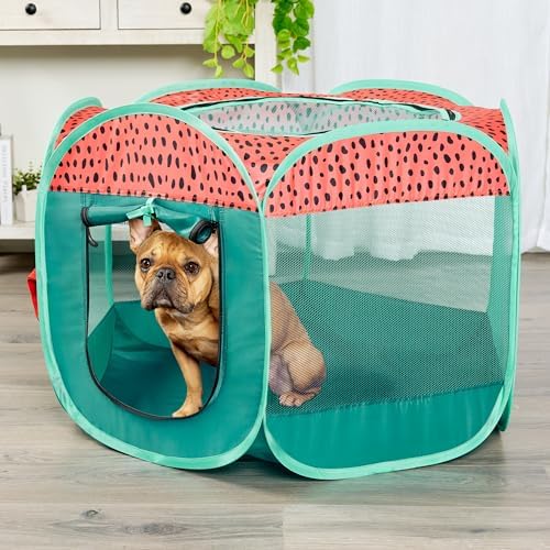 Furhaven Portable Dog Playpen Cat Tent, Pet Playground,Kennel Foldable Indoor Outdoor Zippered Puppy Crate - Green & Pink, Small - Image 2