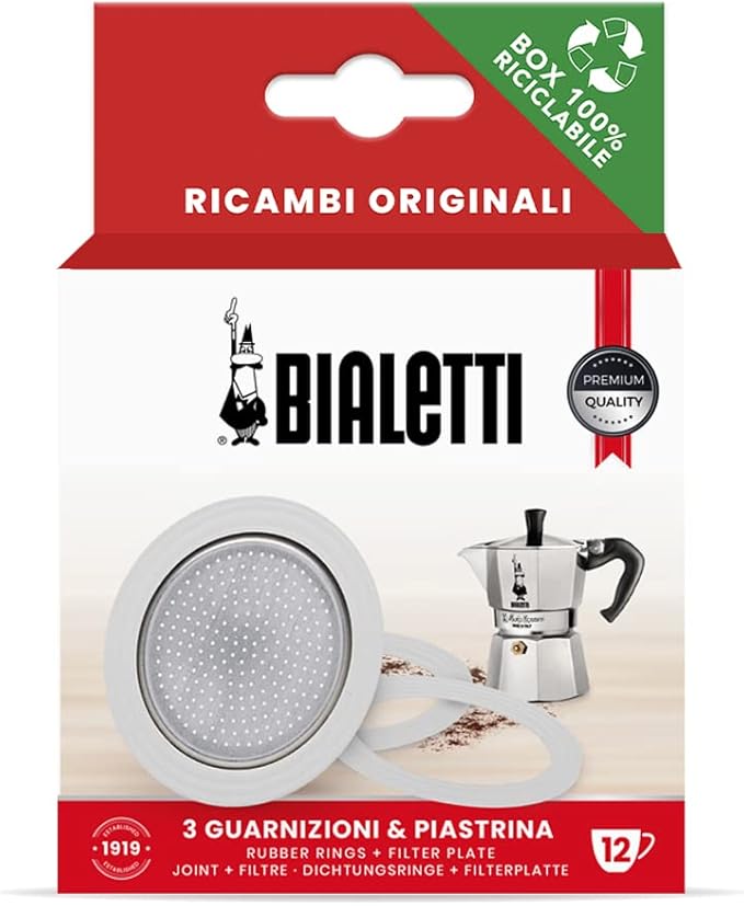 Bialetti 3 Gaskets (Rubber Rings) 1 Filter Plate Replacement for Moka 12 Cups by Bialetti