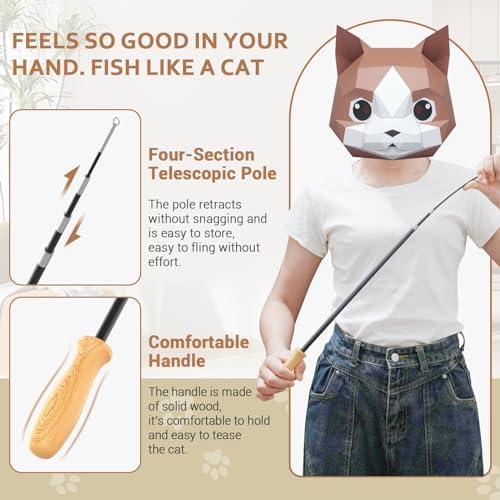 ROSAUI Cat Teaser Wand Toys, Interactive Bird Toy for Indoor Kittens, 53.15’’ Long Cat Fishing Pole Toys, 2X Wires and 5X Natural Refills, Sustainable Wooden Handles, Exercising, Playing - Image 4