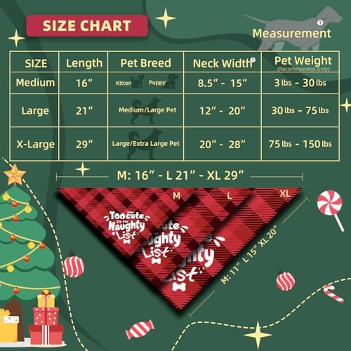 Christmas Dog Bandanas -Too Cute for the Naughty List, Funny Holiday Stocking Pet Scarf Gifts, Red Plaid, Small & Medium Breed, 5-25lbs - Image 3