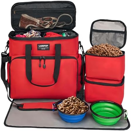 LARIPOP Dog Travel Bag Airline Friendly for Small Medium Large Dogs, Pet Travel Organizer with Collapsible Bowls Food Containers Mat, Waterproof Portable Tote for Dog Outdoor Travel by LARIPOP