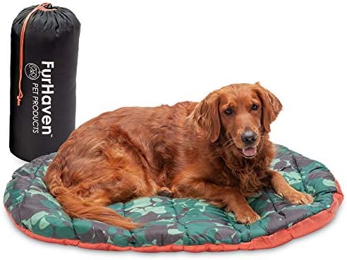 Furhaven Outdoor Travel Dog Bed for Large/Medium Dogs w/ Carry Bag, Washable & Foldable, Great for Crates & Kennels - Trail Pup Travel Pillow Mat w/ Stuff Sack Bag - Paprika/Camo-Paw, Large by FurHaven
