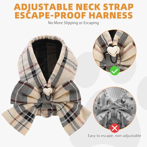 KOOLTAIL Small Dog Harness and Leash Set, Cute Puppy Vest Harnesses with Bowtie, Step in No Pull Soft Mesh Padded Adjustable Plaid Pet Harness for Extra-Samll Medium Dogs Cats, Boy Girl, XS-M, Beige S - Image 5