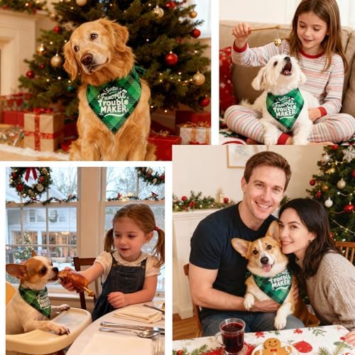 Christmas Dog Bandanas Naughty & Nice List Print - Santa's Favorite Trouble Maker - Pet Holiday Scarf Costume Gift, Green Plaid, Medium & Large Breed, 25-75lbs - Image 6