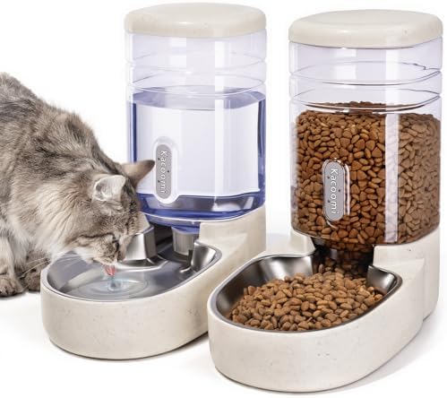Automatic Cat Feeder and Water Dispenser with Stainless Steel Bowl Gravity Food Feeder and Waterer Set for Small Medium Dog Puppy Kitten 1 Gallon x 2(Beige) by Kacoomi