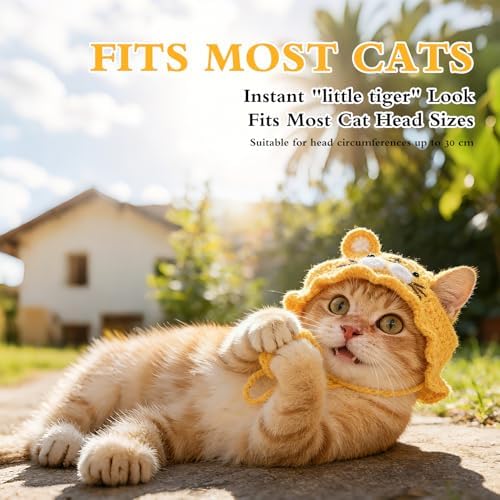 Tiger Cat Hat, Cotton & Soft Cute Knitted Hats for Cats Birthday Party Spring Christmas Puppy Hat for Small Pets (Yellow, M) - Image 3