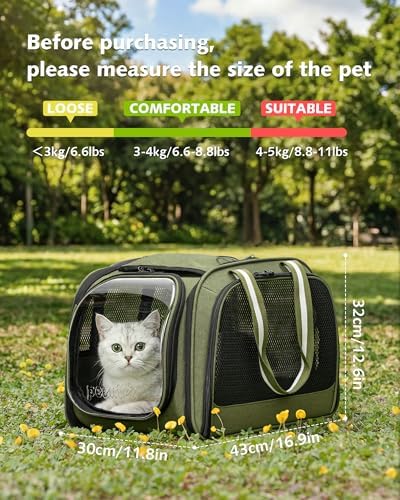 Pecute Cat Carrier,Double Bubble Pet Carrier for Cat Small Dogs,Green,M - Image 4
