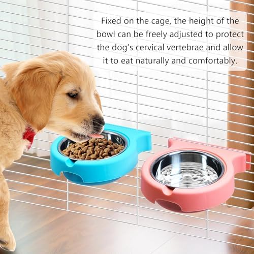 kathson Crate Dog Bowl, Removable Stainless Steel Hanging Pet Cage Bowl Food & Water Feeder Coop Cup for Cat, Puppy, Birds, Rats, Guinea Pigs (2pcs, Pink and Blue) - Image 4