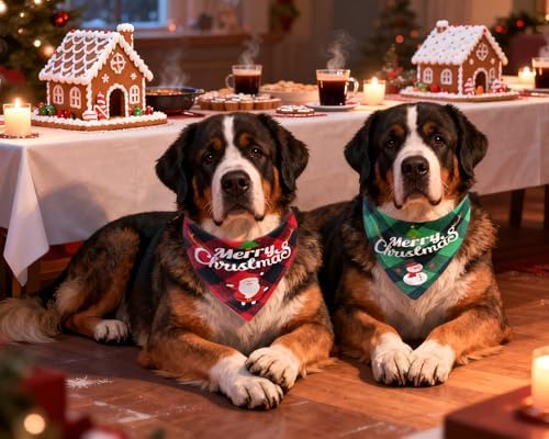Christmas Dog Bandanas Classic Plaid Triangle Holiday Scarf with Santa and Snowman Print,Winter Pet Outfit for Boy and Girl Dogs,Red Green Plaid Dog Costume for Medium to Large Dogs - Image 5