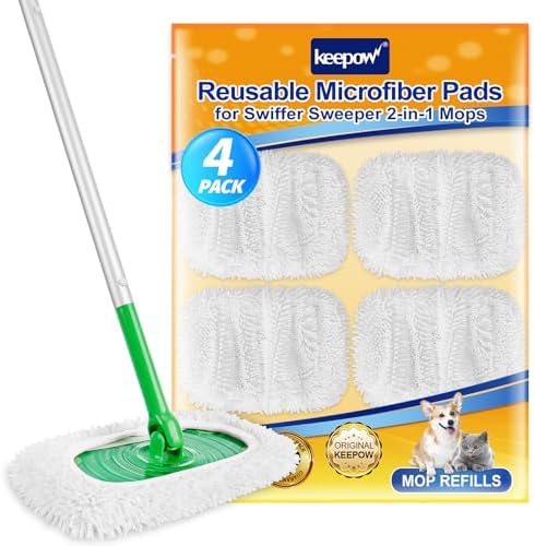 KEEPOW Reusable Microfiber Mop Pads Compatible with Swiffer Sweeper, 4 Pack by KEEPOW