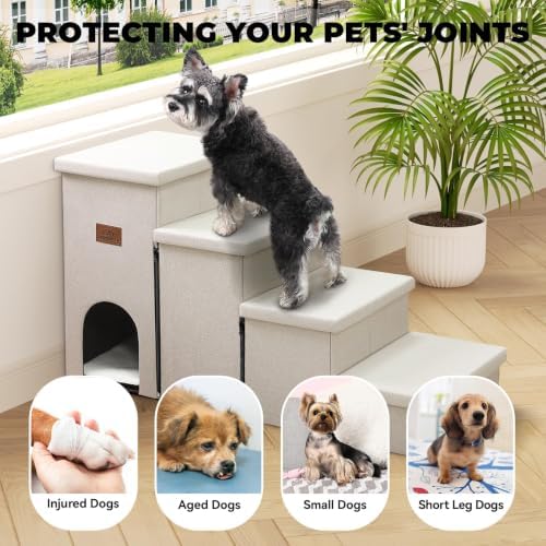 Zerbuger Dog Stairs with Storage, Beige 4 Steps Dog Ramp with Condo for Bed - Image 3