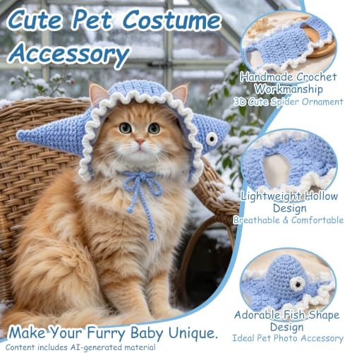 Fish Cat Hat, Cotton & Soft Cute Knitted Hats for Cats Birthday Party Spring Christmas Puppy Hat for Small Pets (Blue,M) - Image 6