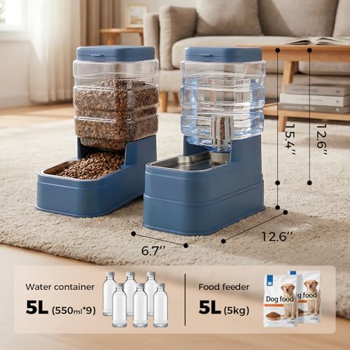 Automatic Cat Feeder and Water Dispenser with Stainless Steel Bowl with Ice Pack Gravity Food Feeder and Waterer Set Feeding Raised Bowls with Filter for Dog 1.3 Gallon x 2(Blue) - Image 6