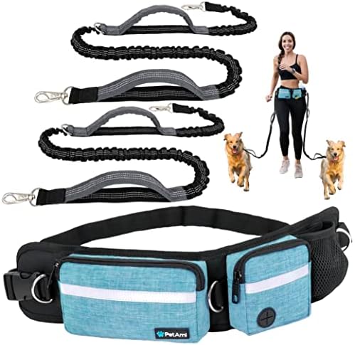 PetAmi Hands Free Dog Leash with Waist Running Belt Bag, Double (Teal) by PetAmi