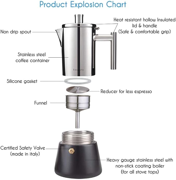 Easyworkz Diego Stovetop Espresso Maker Stainless Steel Italian Coffee Machine Maker 4Cup 6.8 oz Induction Moka Pot - Image 2